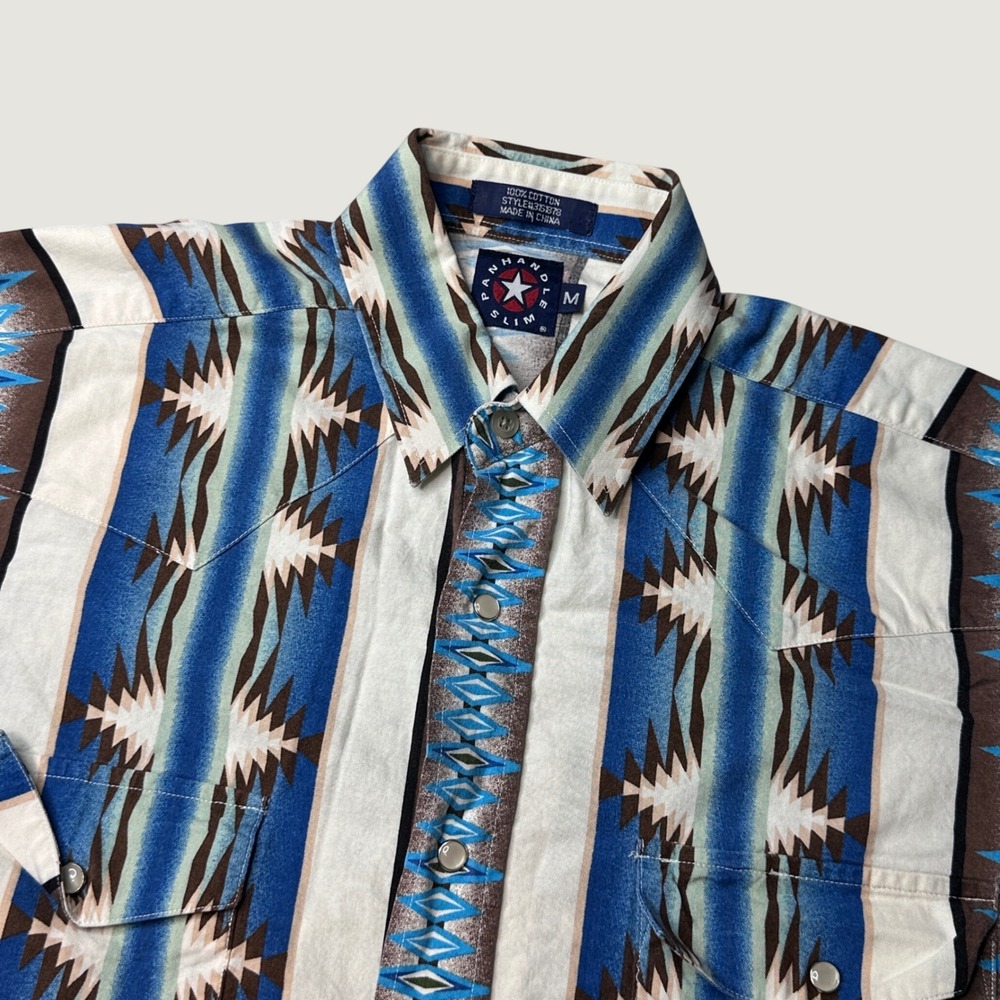 Panhandle Slim Shirt Mens M 31S18 Blue Southwestern Geometric Western Pearl Snap